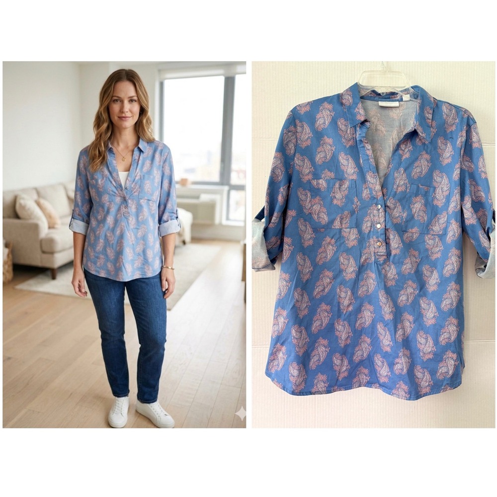 NY & Co Paisley Blouse Women L Blue Roll Tab Sleeve Cottage Business Casual Boho